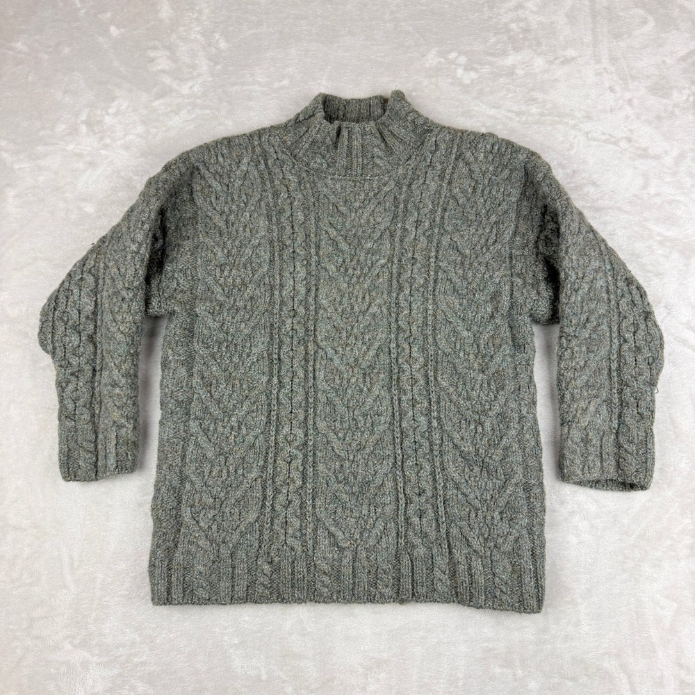 VTG Inis Crafts Wool Sweater Womens M Gray Sage Green Cable Chunky Knit Ireland